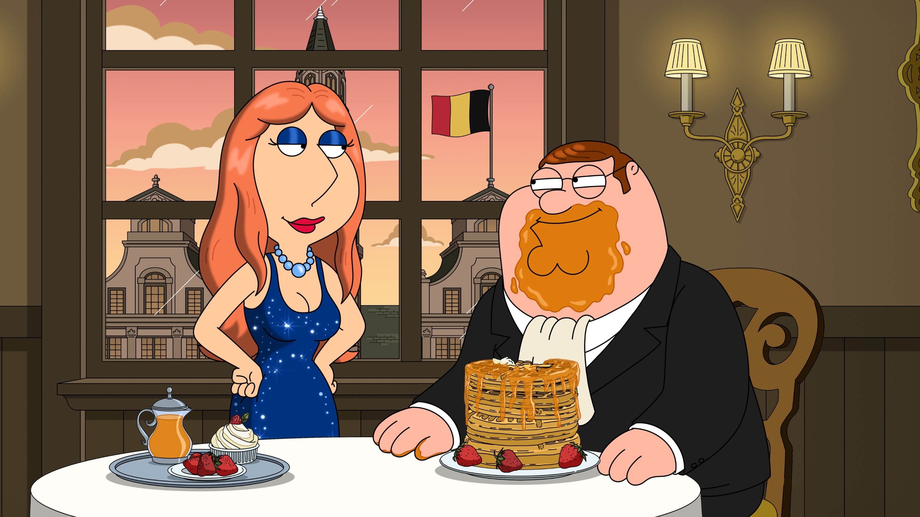 Peter Griffin, in formal attire, is dining with a red-haired woman in a blue dress at a restaurant in front of a window showing a cityscape with a Belgian flag