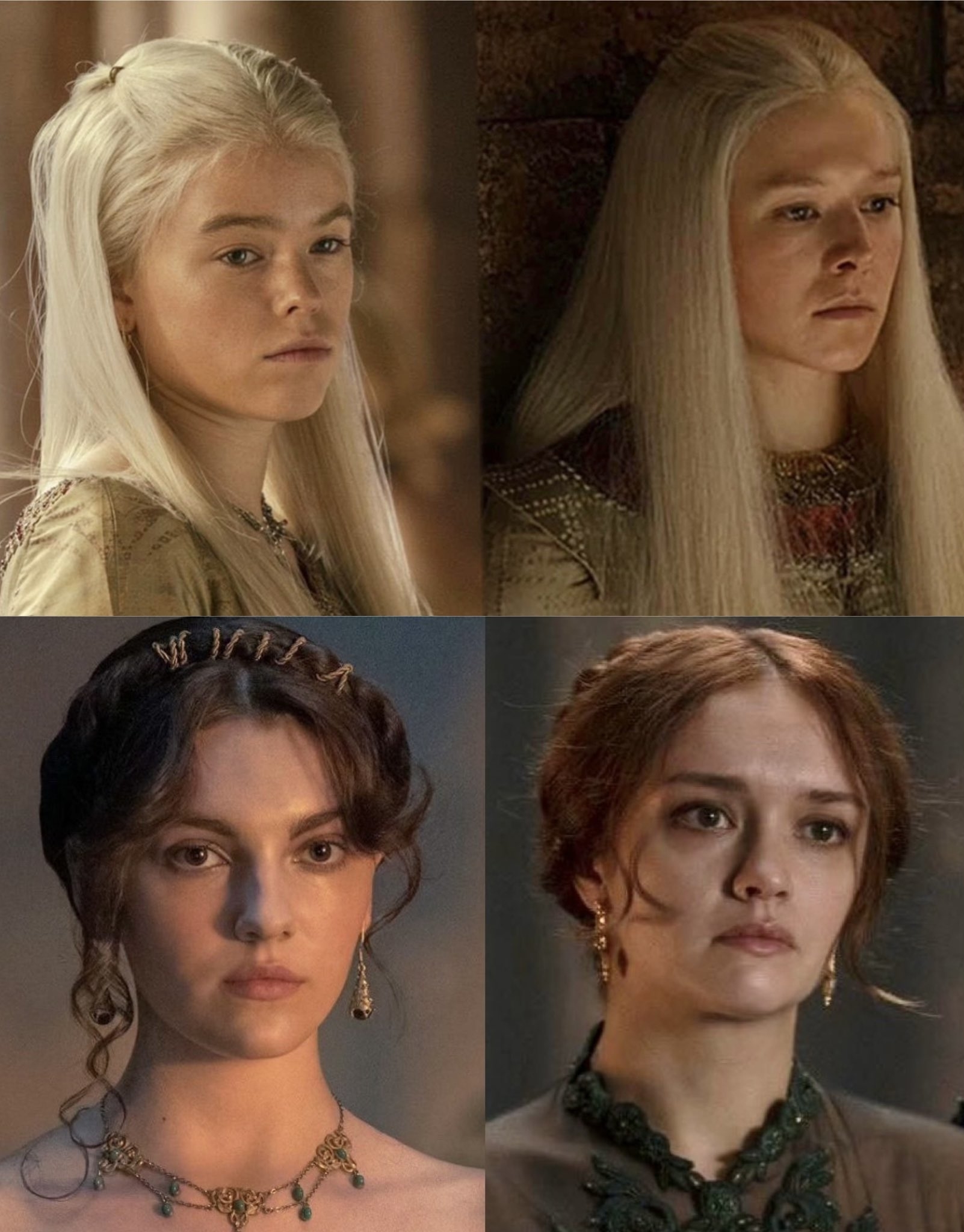 Cuatro personajes de la serie "House of the Dragon" en diferentes escenas: Rhaenyra Targaryen (joven), Rhaenyra Targaryen (adulta), Alicent Hightower (joven), Alicent Hightower (adulta)