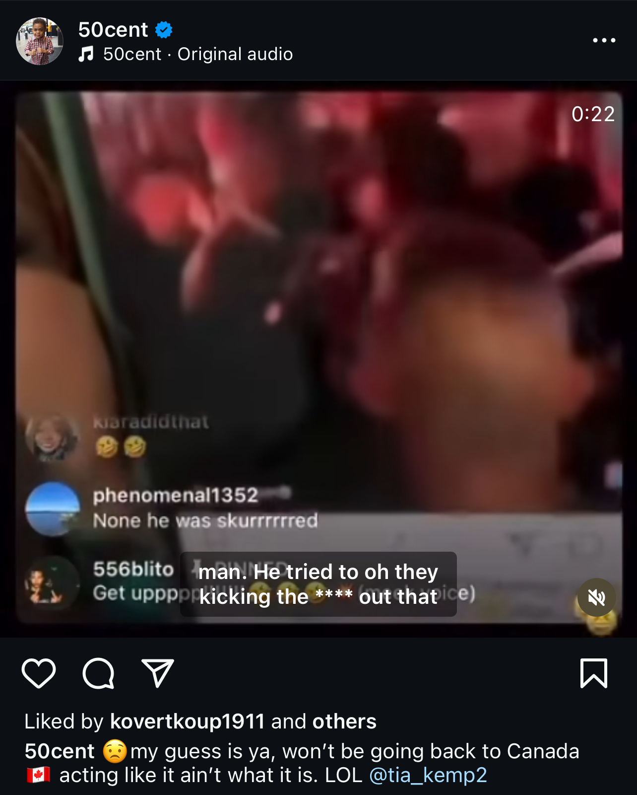 Screenshot of 50 Cent&#x27;s Instagram post with a video showing a chaotic scene. Caption suggests he won&#x27;t be returning to Canada, implying an incident occurred
