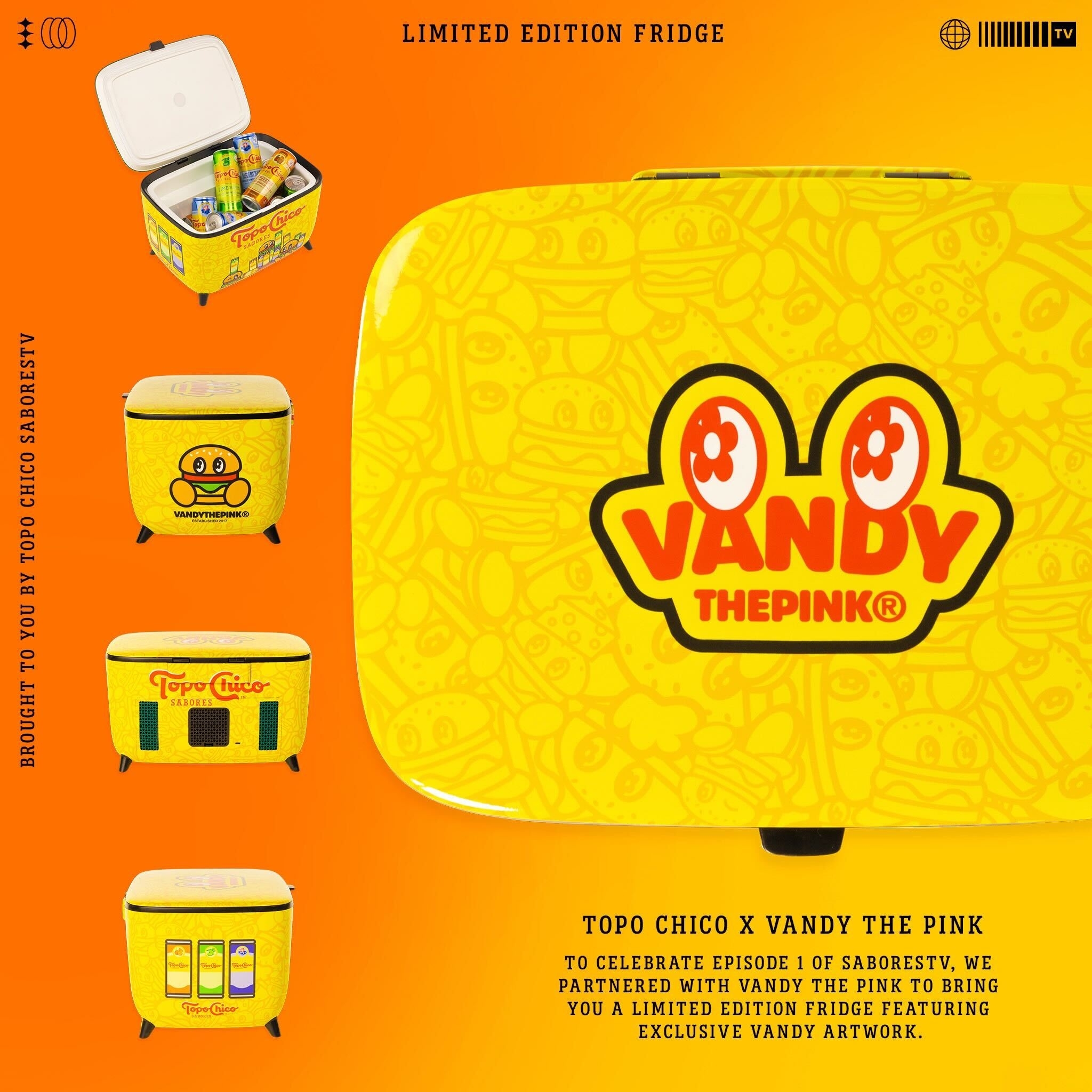 Promotional image for a limited edition fridge by Topo Chico x Vandy The Pink featuring exclusive Vandy artwork, including front and side views of the fridge design