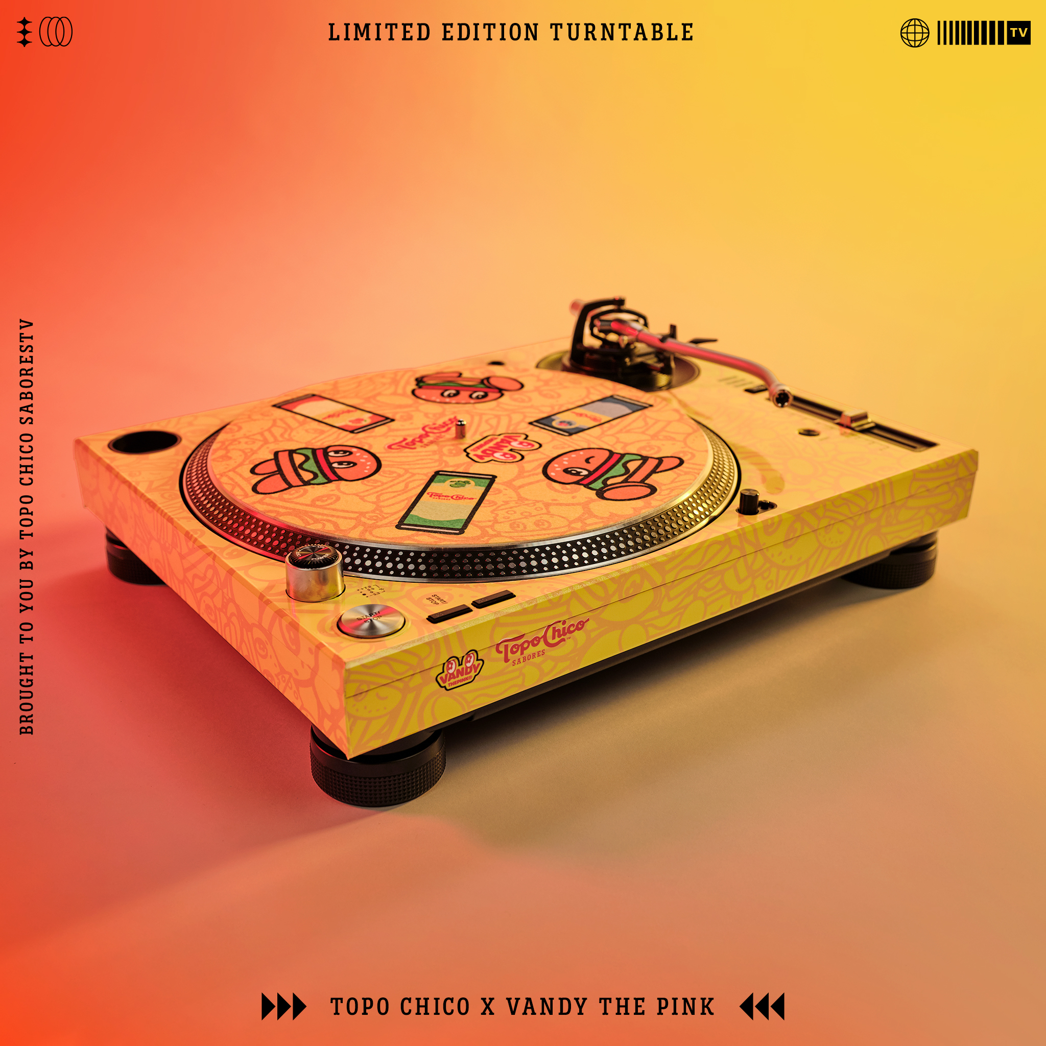 Limited edition turntable with Topo Chico and Vandy the Pink collaboration design, featuring colorful cartoon graphics and promotional text