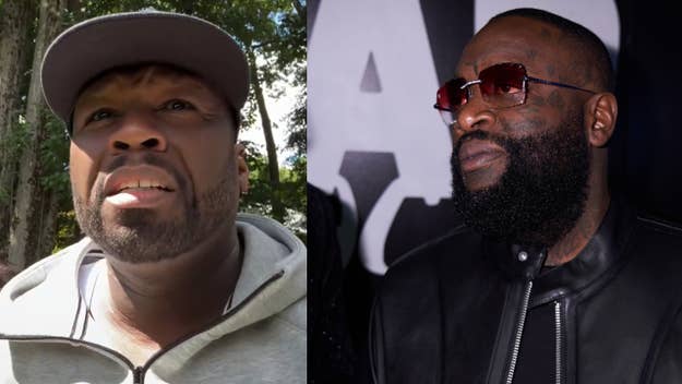 50 Cent and Rick Ross are shown side-by-side. 50 Cent is outdoors wearing a hat and jacket, while Rick Ross is indoors wearing sunglasses and a leather jacket
