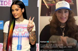 Kehlani on a red carpet holding up a peace sign, and in a separate casual photo wearing a trucker hat, sticking out her tongue. Text mentions her ex-boyfriend