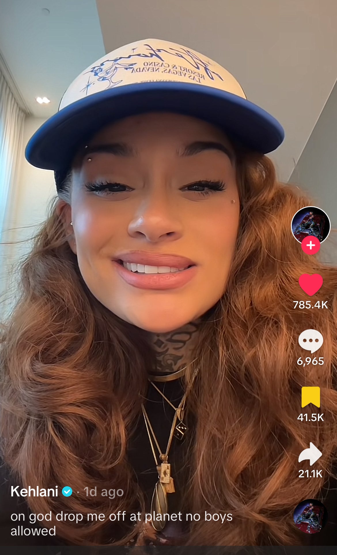 Kehlani wearing a hat, smiling in a TikTok video with text: "on god drop me off at planet no boys allowed." Video has 785.4K likes and 21.1K shares