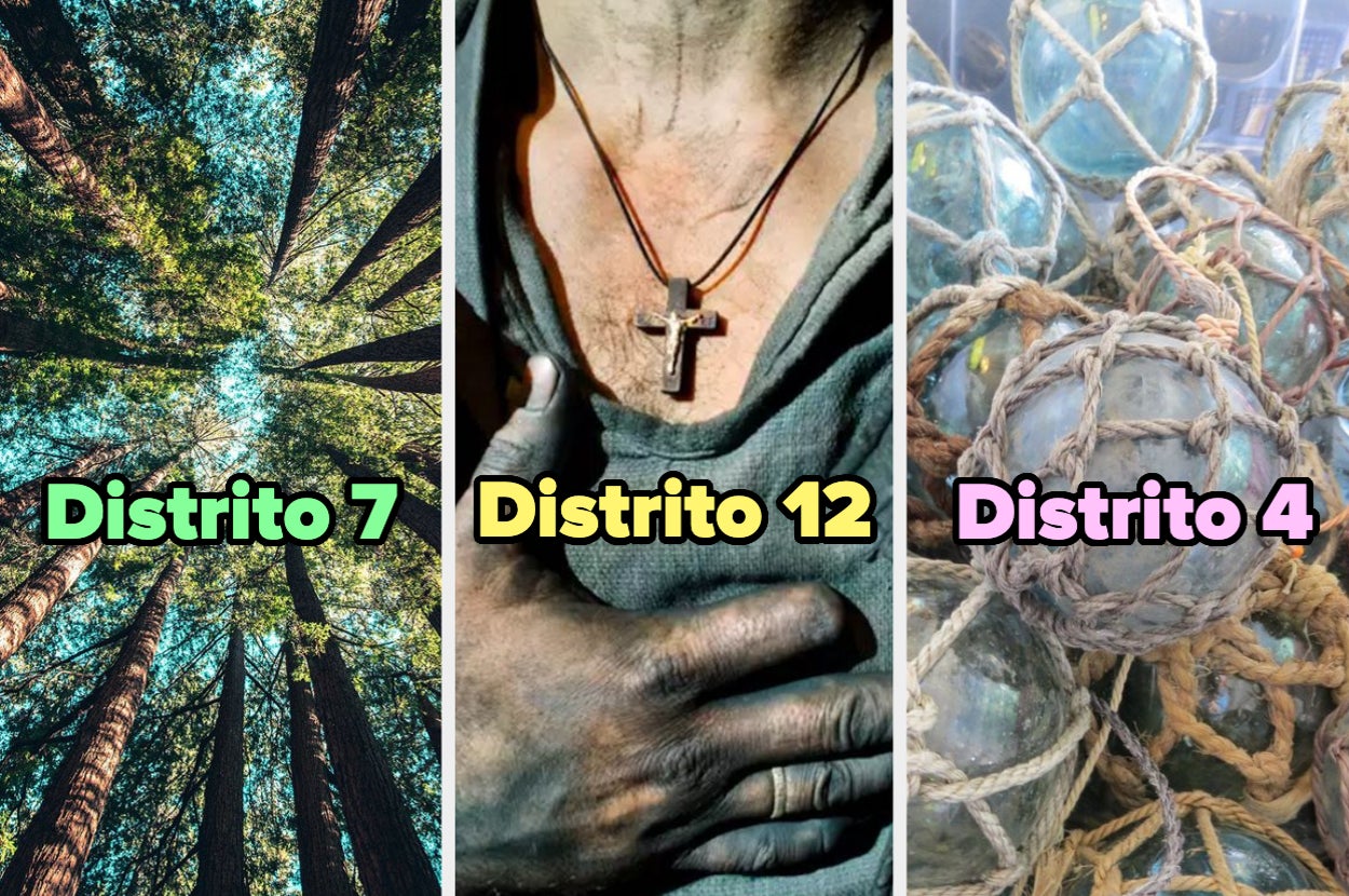 Panel con tres imágenes representando los distritos 7, 12 y 4 de "Los Juegos del Hambre"