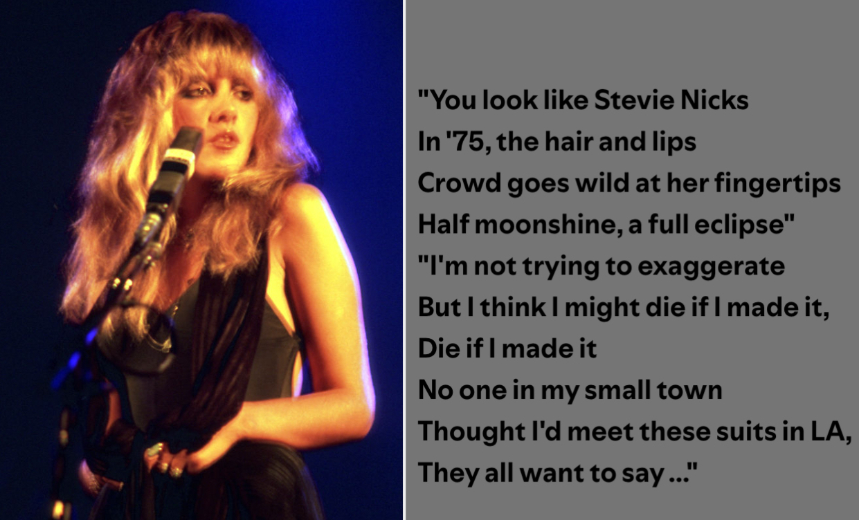 Stevie Nicks performing on stage, holding a microphone. Side text reads, "You look like Stevie Nicks, In '75, the hair and lips, Crowd goes wild at her fingertips, Half moonshine, a full eclipse…"