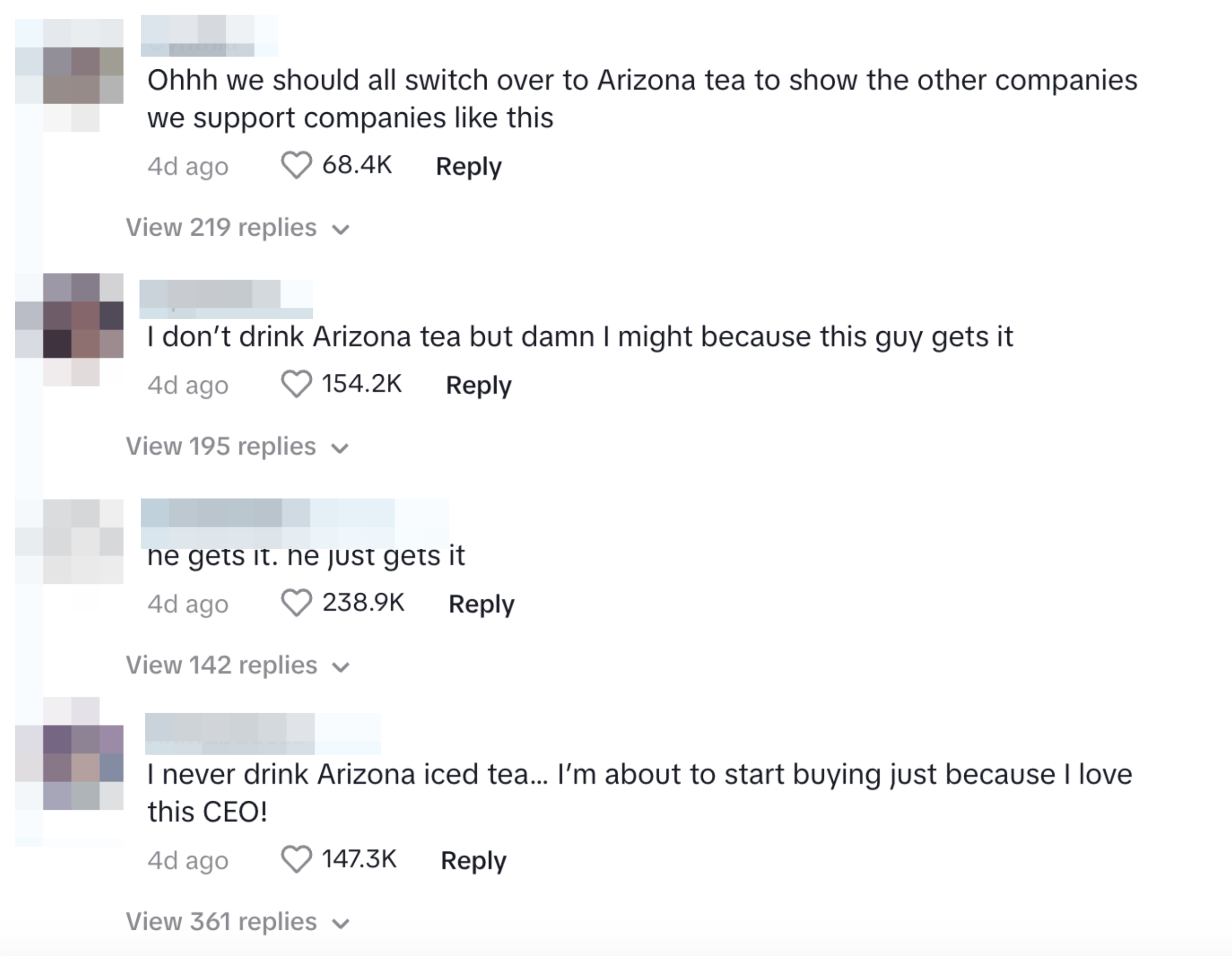 Four comments supporting Arizona tea, with large like counts. Commenters: Cynthia, aquaroxas, mamajn2021, and AnnTabbeess