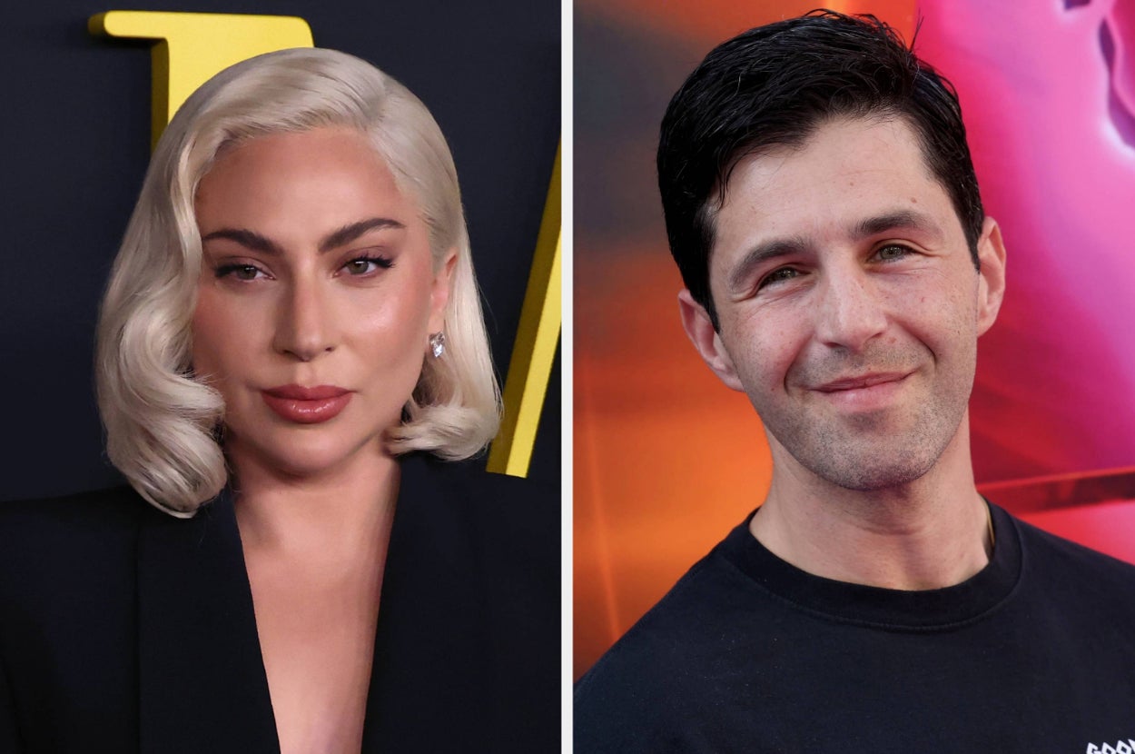 Lady Gaga in elegant attire and Joshua Peck in casual wear at separate events