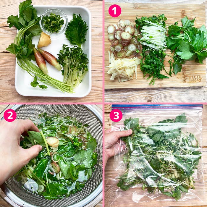 野菜を洗い、カットし、袋に保存する手順を紹介する3ステップ画像。