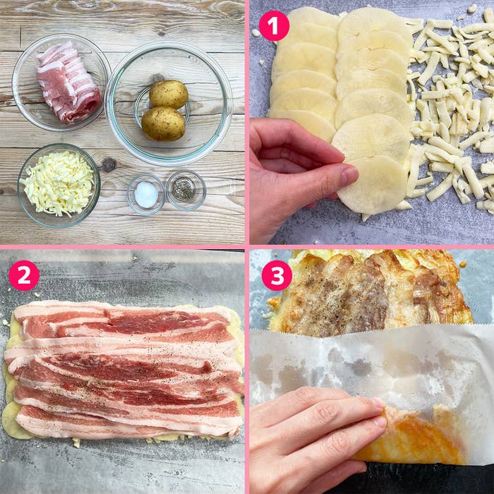 ボウルに材料があり、スライスされたじゃがいも、チーズ、塩が見えます。調理手順が3つのステップで示されています。