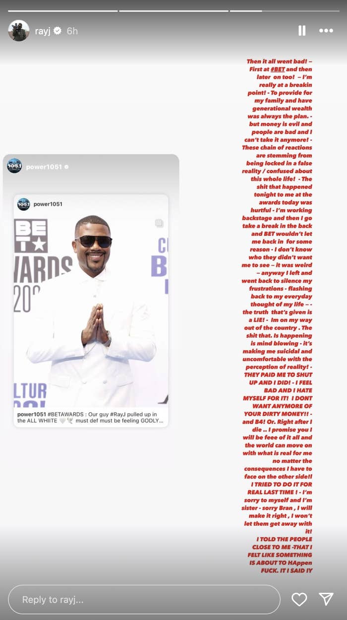 Ray J poses in a white suit with folded hands at the BET Awards. Next to it is a long text by Ray J about feeling hurt and betrayed, finding strength in faith, and resolving conflicts