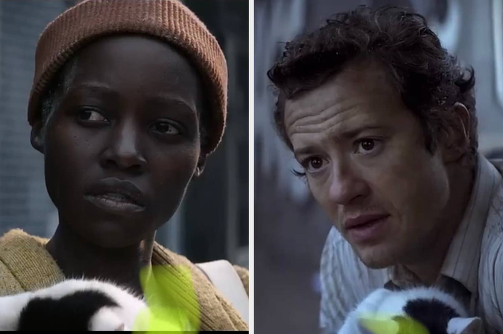 Actors holding stuffed penguins: Lupita Nyong'o wears a beanie in a city scene; Andy Serkis, in a striped shirt, is in an indoor setting