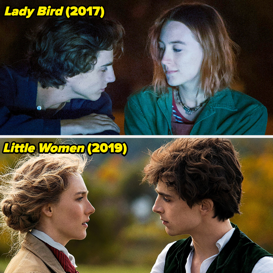 Timothée Chalamet and Saoirse Ronan in scenes from "Lady Bird" (2017) and "Little Women" (2019). In both, they gaze at each other intently