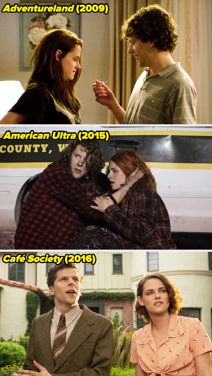 Kristen Stewart and Jesse Eisenberg in scenes from "Adventureland" (2009), "American Ultra" (2015), and "Café Society" (2016).
