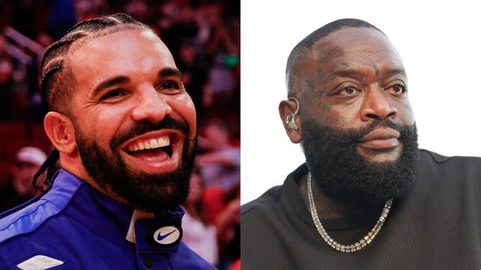 Drake smiles in a sports jacket with braided hair; Rick Ross looks serious in a black shirt with a thick chain necklace