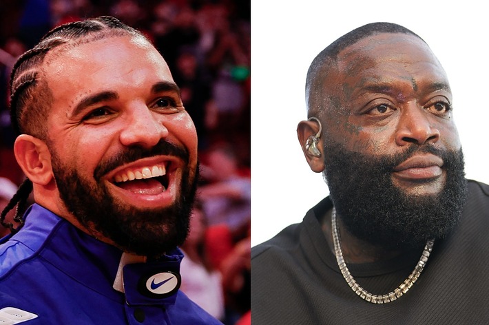 Drake smiling in a blue Nike jacket and Rick Ross with a neutral expression in a black shirt
