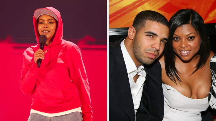 Taraji P. Henson in red hoodie on stage; Taraji P. Henson and Drake in formal attire at an event