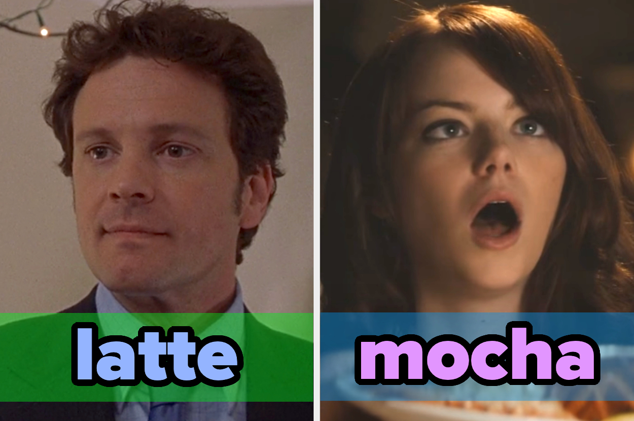 On the left, Colin Firth as Mark in Bridget Jones's Diary labeled latte, and on the right, Emma Stone as Olive in Easy A labeled mocha