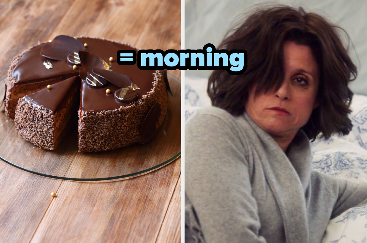 A chocolate cake on the left with a tired woman in a robe on the right. Text in the middle reads "= morning"