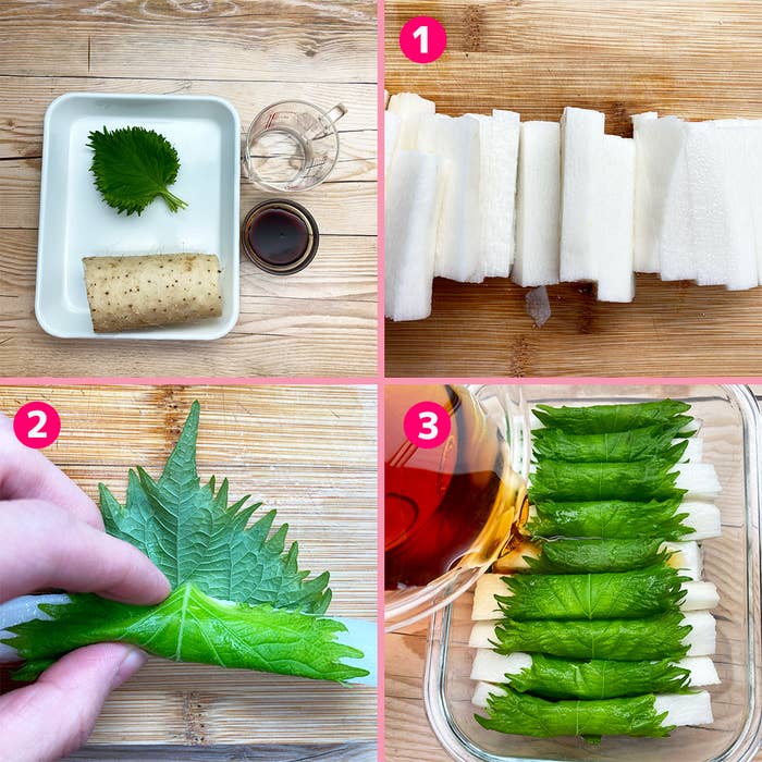 縁日料理の手順。1. 大和芋とシソの葉を準備。2. 大和芋にシソの葉を巻く。3. 盛り付けて用意したタレをかける。