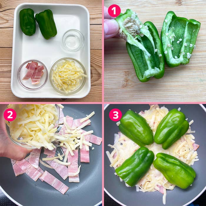 ピーマンとベーコンとチーズの料理手順。ステップ1: ピーマンの種を取り除く。ステップ2: ベーコンとチーズをフライパンで炒める。ステップ3: ピーマンをフライパンに戻す。