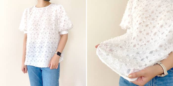 GUのオススメのブラウス「カットジャカードブラウス(5分袖)Z+E」