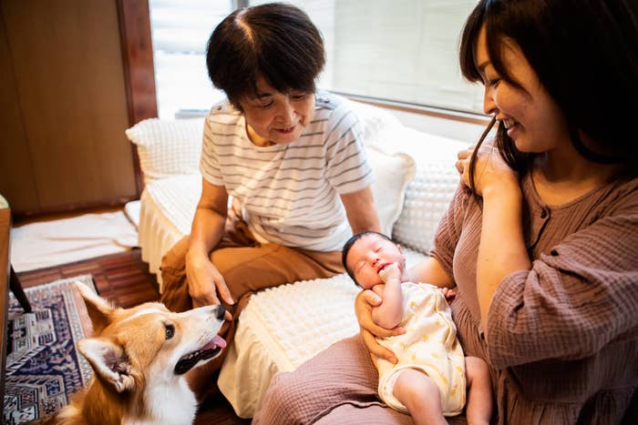 An elderly woman and a young woman smile at a newborn baby in the young woman’s arms while a dog looks on attentively
