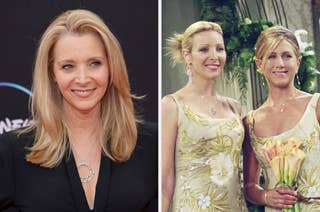 Lisa Kudrow on the left in a formal outfit. On the right, Lisa Kudrow and Jennifer Aniston are in elegant gowns in a scene from 