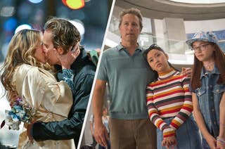 Sarah Jessica Parker and John Corbett passionately kissing on the left; John Corbett with Lana Condor and Anna Cathcart in casual clothing on the right