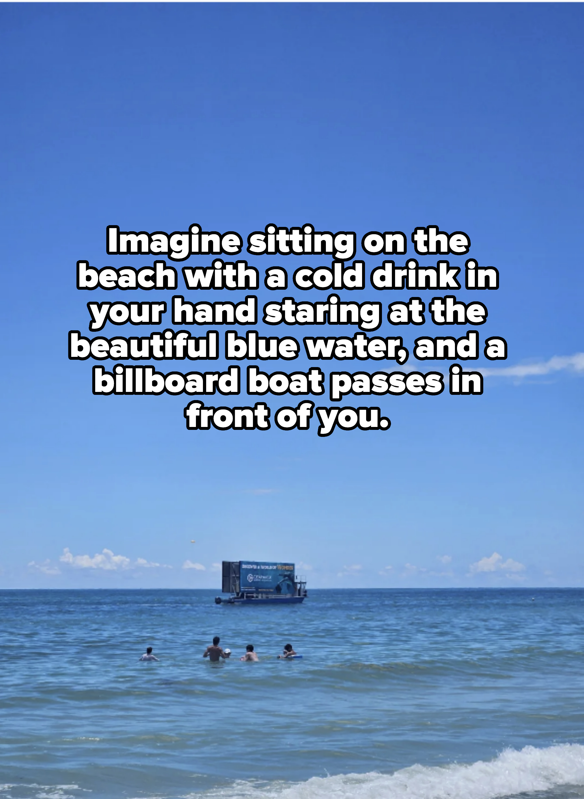 A group of five people swim in the ocean near a floating for a cryptocurrency exchange