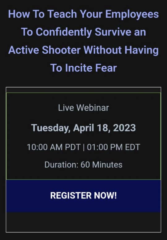 Image promoting a live webinar on teaching employees to survive an active shooter, scheduled for Tuesday, April 18, 2023, at 10:00 AM PDT / 1:00 PM EDT