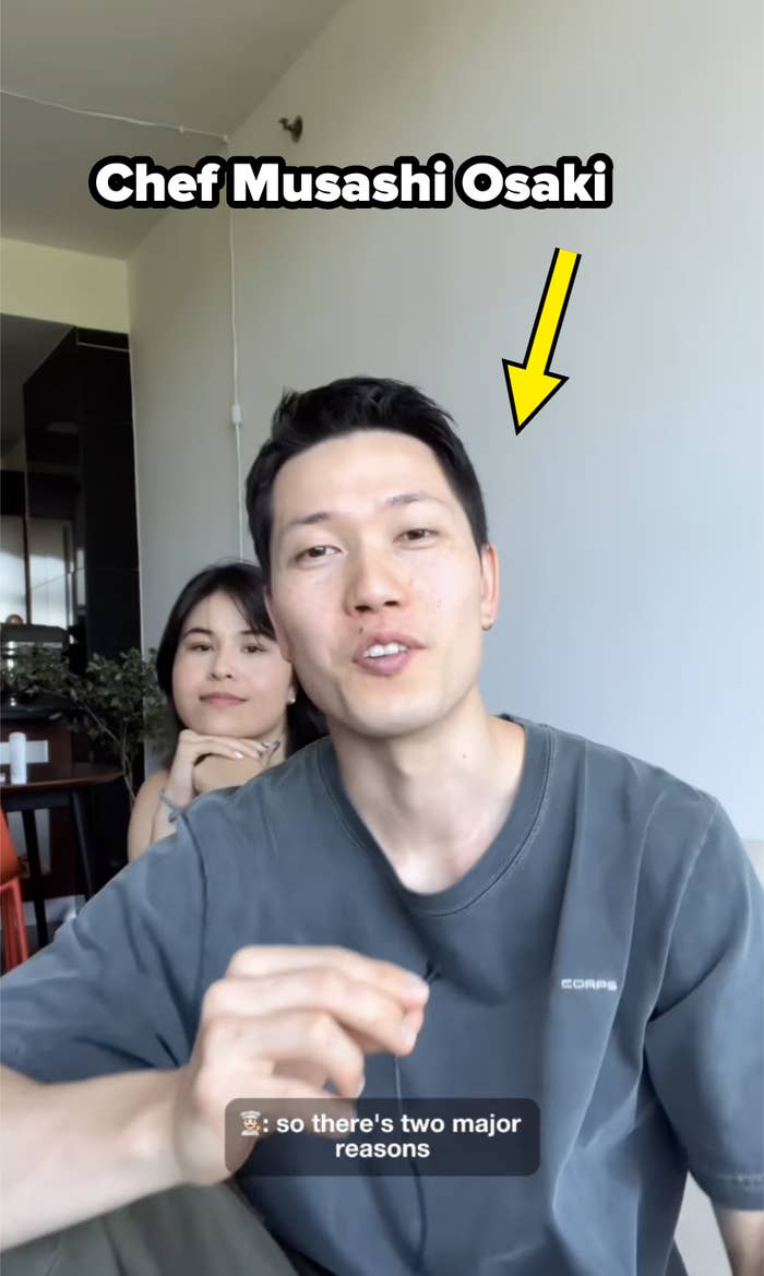 Man and woman having a conversation indoors. Caption reads: "so there's two major reasons."