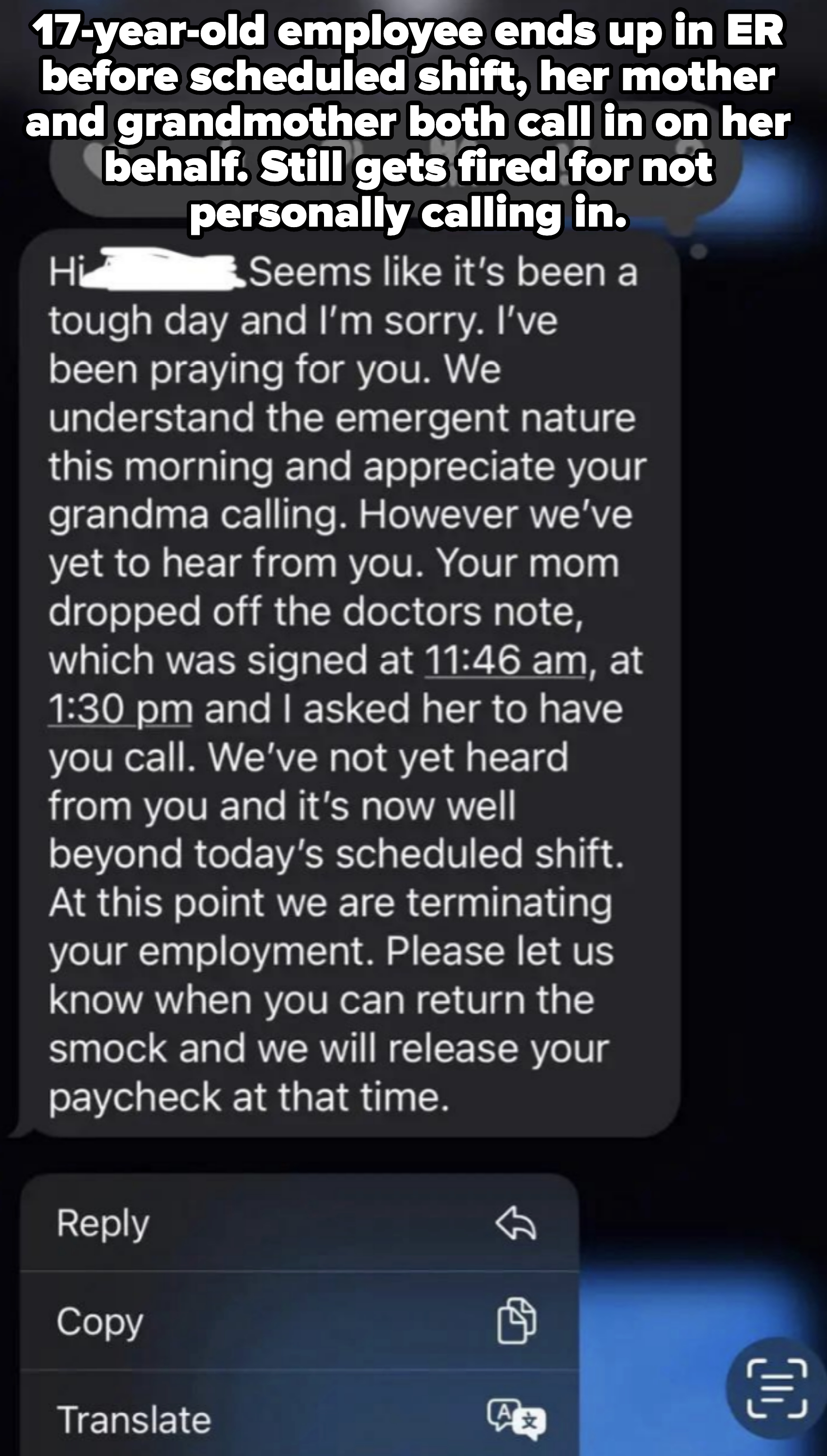 Phone screen text message starting: &quot;Hi [Name] Seems like it's been a tough day and I'm sorry.&quot; Notification about employment termination due to non-response