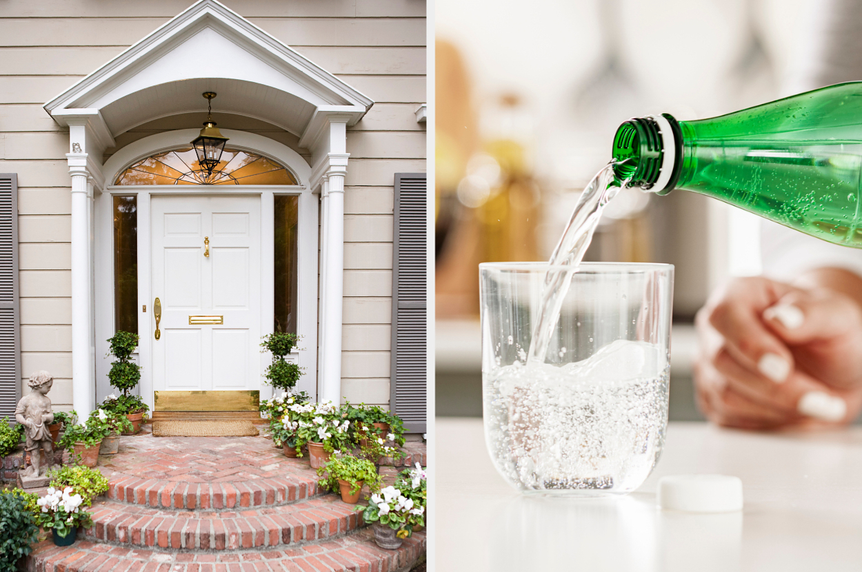 Left: A view of a white front door with brick steps, potted plants, and a small statue in front. Right: A person pouring sparkling water from a green bottle into a glass