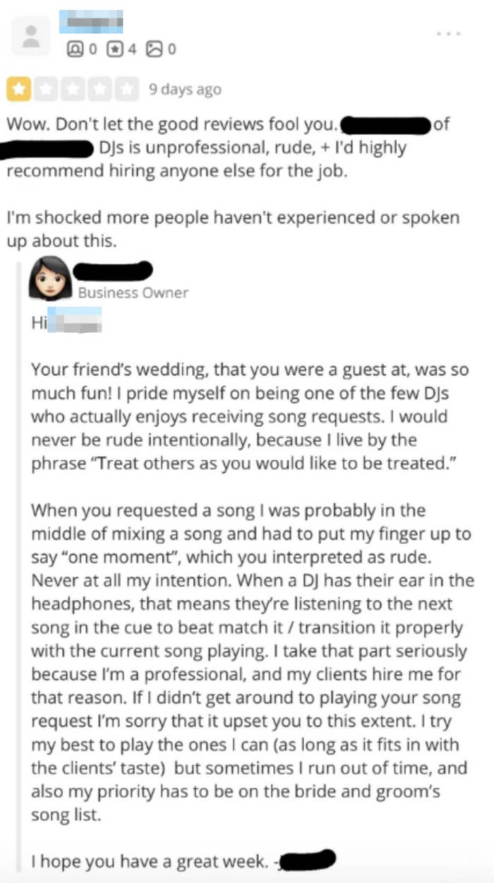 A social media post by Paige K. complaining about unprofessional DJs. The DJ responds professionally, explaining the situation and their commitment to requests
