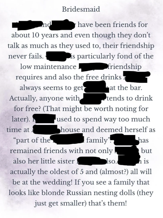 Bridesmaid blurb about enduring friendship, highlighting their bond, shared outings, and unique quirks, with special note on family resemblance to Russian nesting dolls
