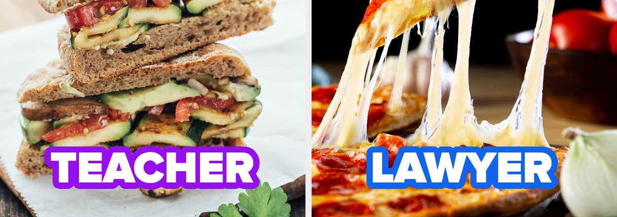 Two stacked vegetable sandwiches labeled "Teacher" next to a slice of pepperoni pizza being lifted from a pizza with melted cheese labeled "Lawyer"