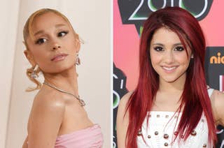 Ariana Grande in a glamorous, strapless gown and elegant jewelry on the left, next to Ariana Grande with straight red hair in a stylish, sleeveless outfit on the right