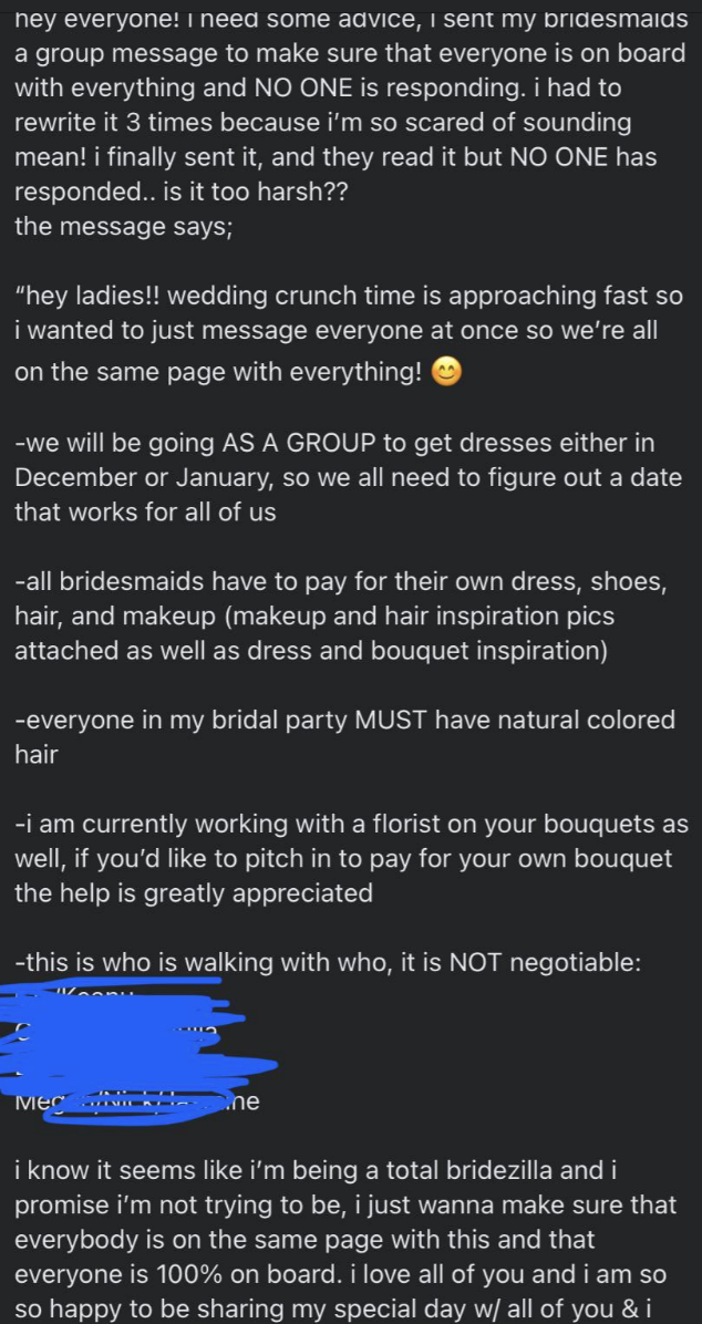 A message detailing wedding preparations and requirements for bridesmaids, including hair, dress, and bouquet specifics. The sender also asks for punctual communication and expresses concerns about appearing demanding