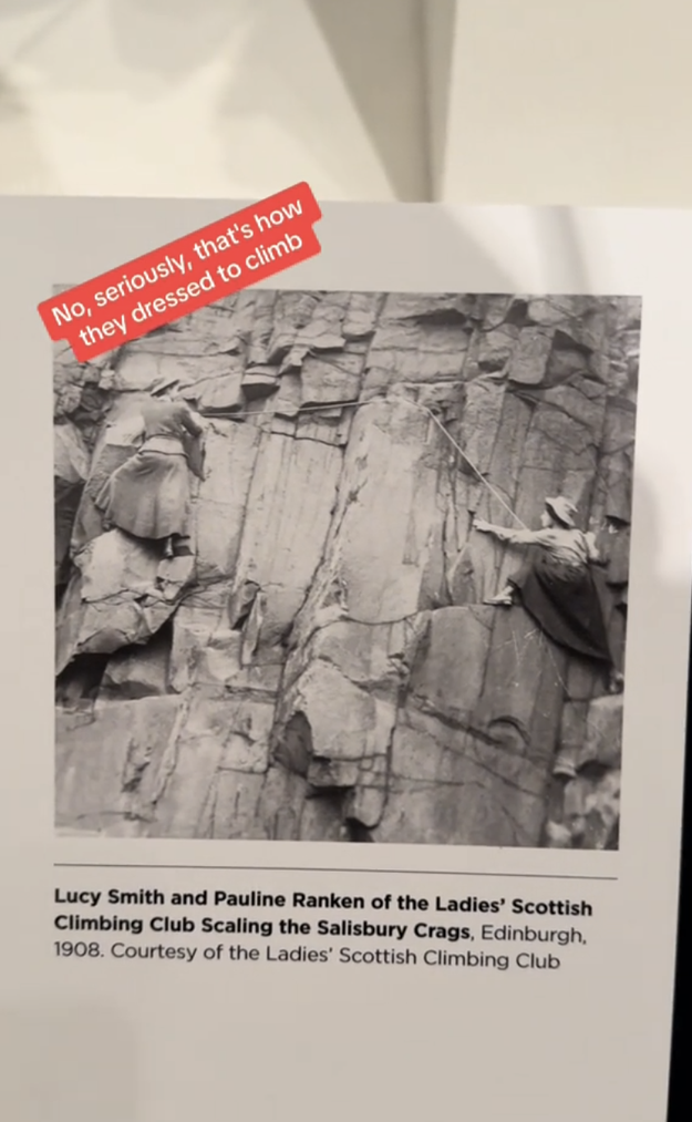 Lucy Smith and Pauline Ranken of the Ladies' Scottish Climbing Club scaling the Salisbury Crags, Edinburgh, 1908. Text overlay: &quot;No, seriously, that's how they dressed to climb.&quot;