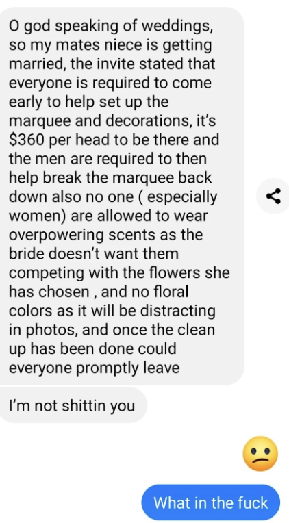 A text message conversation discusses a wedding invitation with detailed, unusual requirements, followed by a skeptical response with a shocked emoji