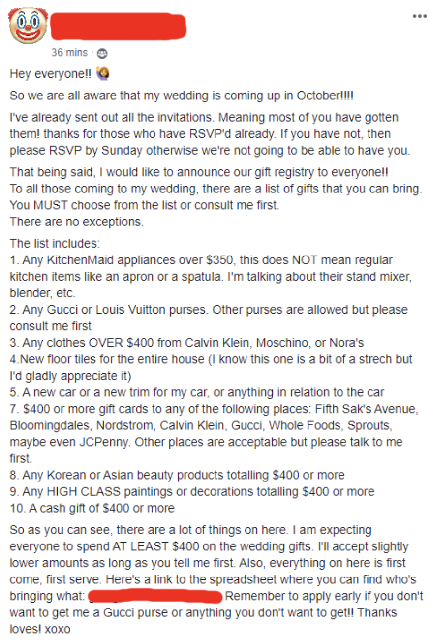 A Facebook post by a person discussing their upcoming wedding. It lists acceptable and unacceptable wedding gifts, emphasizing minimum gift value requirements and stating that RSVPs are due by Sunday