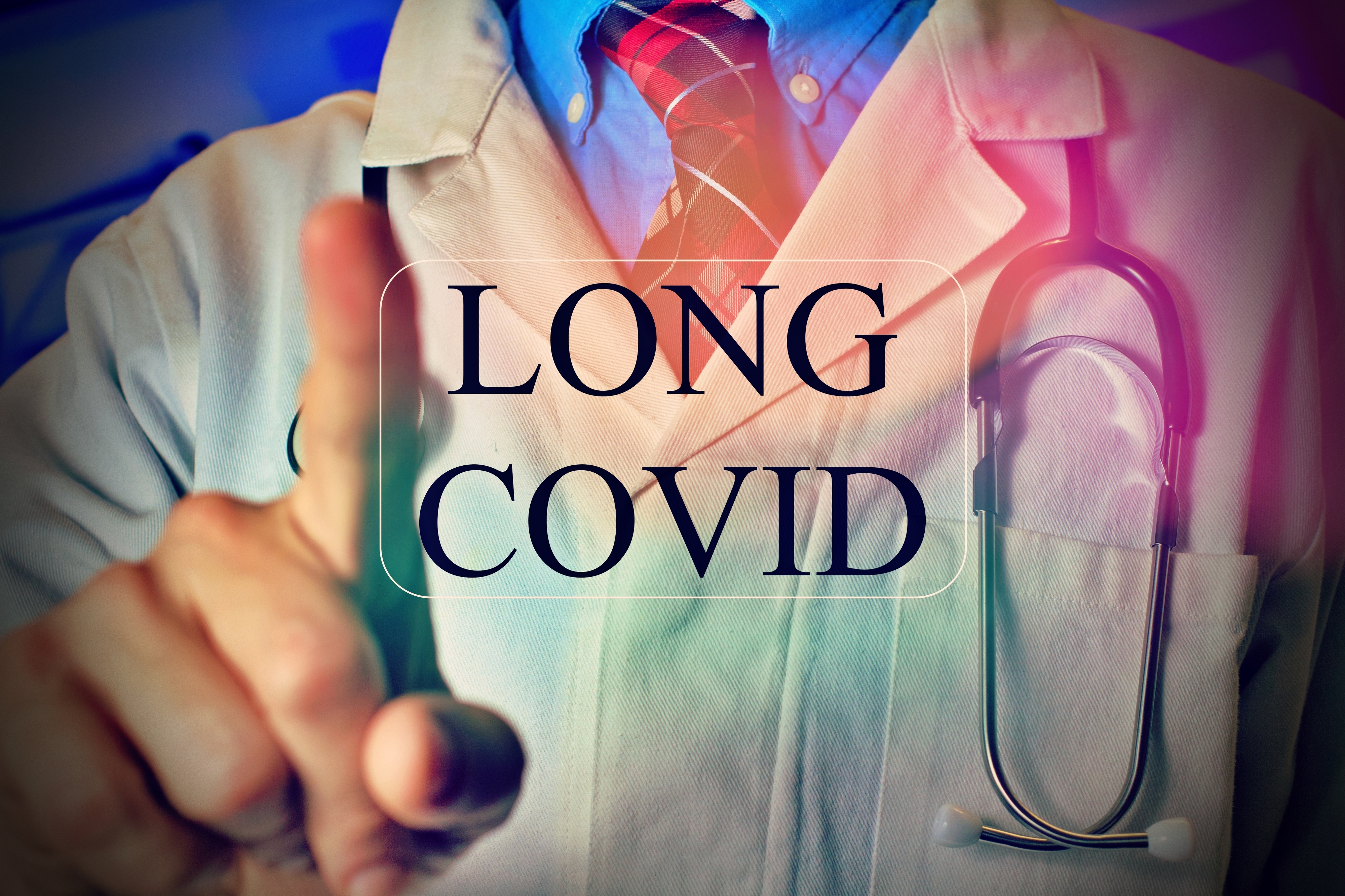 A doctor pointing towards the camera with a stethoscope around the neck. Text overlay reads "LONG COVID"