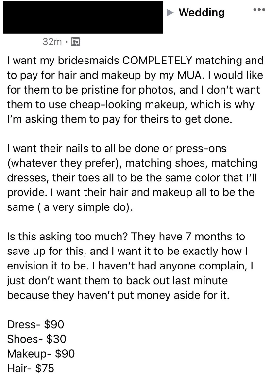 Social media post: A person requests bridesmaids to match in hair, nails, dresses, shoes, and makeup, detailing costs and timeline