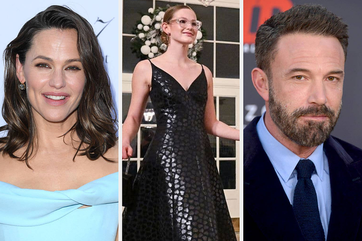 Jennifer Garner in an off-shoulder dress, Violet Affleck in a shiny patterned gown, and Ben Affleck in a suit and tie