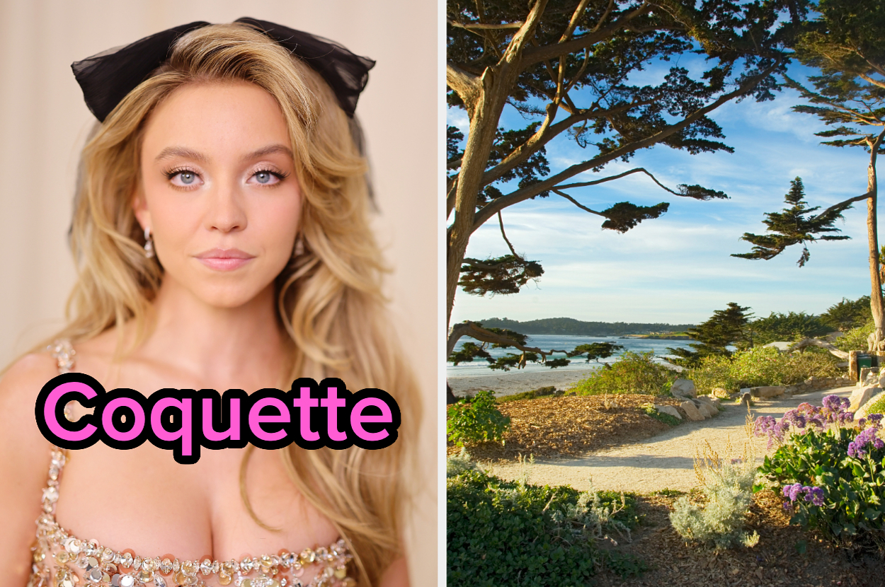 On the left, Sydney Sweeney in a sparkling dress with a large bow in her hair labeled Coquette, and on the right, a serene path near the sea