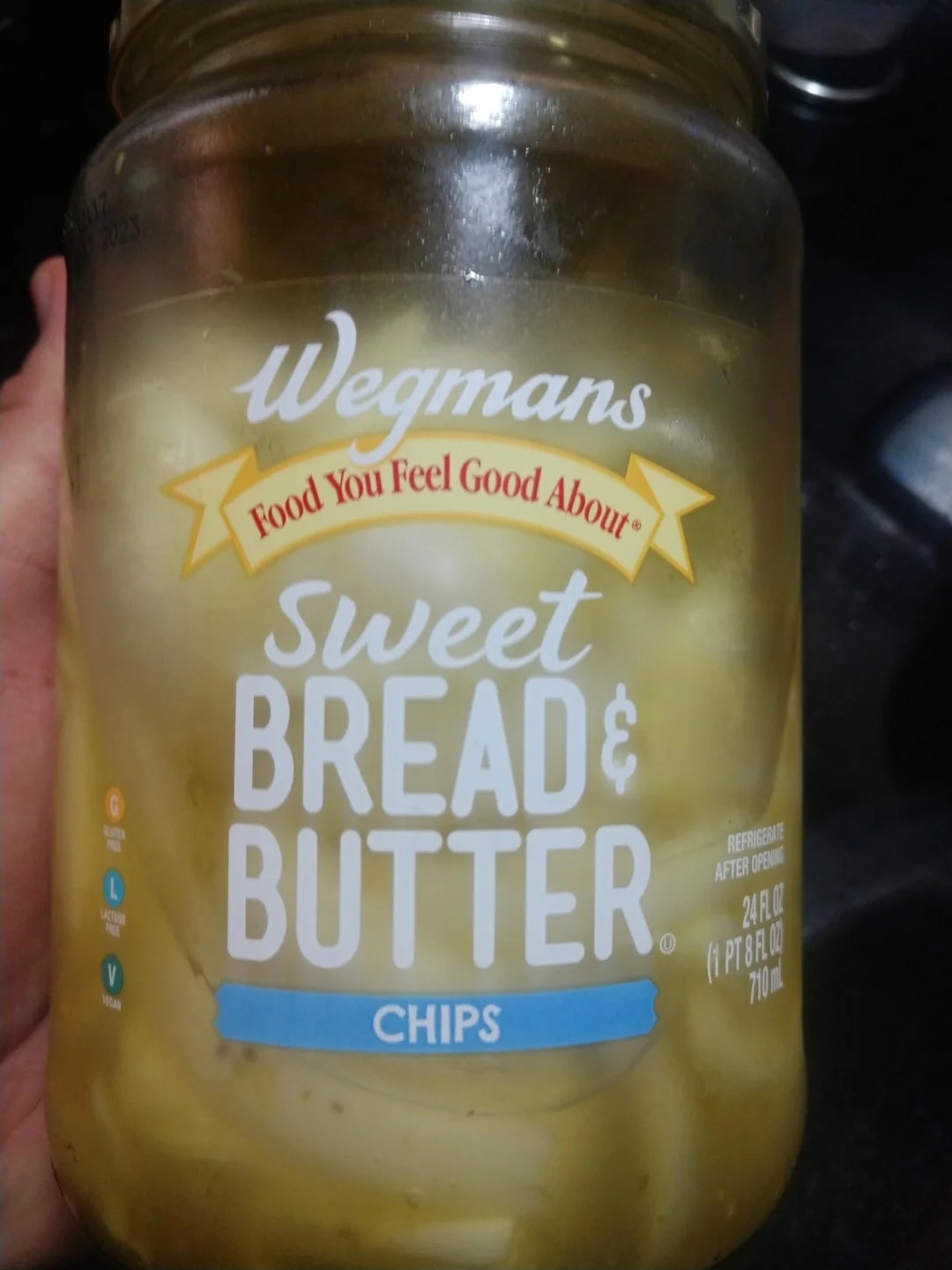 Jar of Wegmans Sweet Bread & Butter Chips pickles, labeled "Food You Feel Good About."