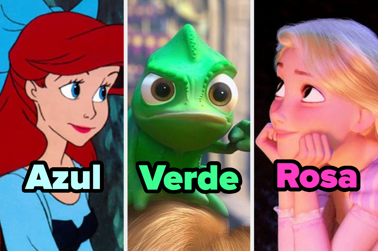 Ariel, Pascal y Rapunzel aparecen en una imagen. Textos: "Azul" sobre Ariel, "Verde" sobre Pascal, "Rosa" sobre Rapunzel