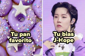 Rosquillas decoradas, texto: "Tu pan favorito". Persona en el escenario con chaqueta púrpura, texto: "Tu bias J-Hope"