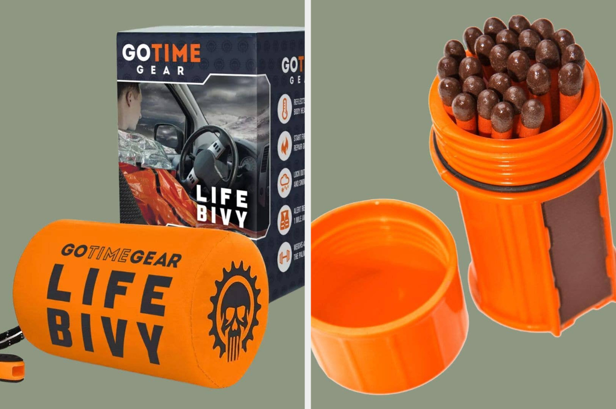 Go Time Gear LIFE BIVVY emergency sleeping bag and waterproof fire starter in orange, shown in packaging and opened for display